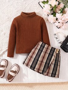 SHEIN 女童高領T恤與格紋裙套裝，2件組，秋季服飾，適合日常穿著與通勤 - 粉色 - 查看 6
