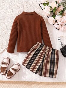 SHEIN 女童高領T恤與格紋裙套裝，2件組，秋季服飾，適合日常穿著與通勤 - 粉色 - 查看 7