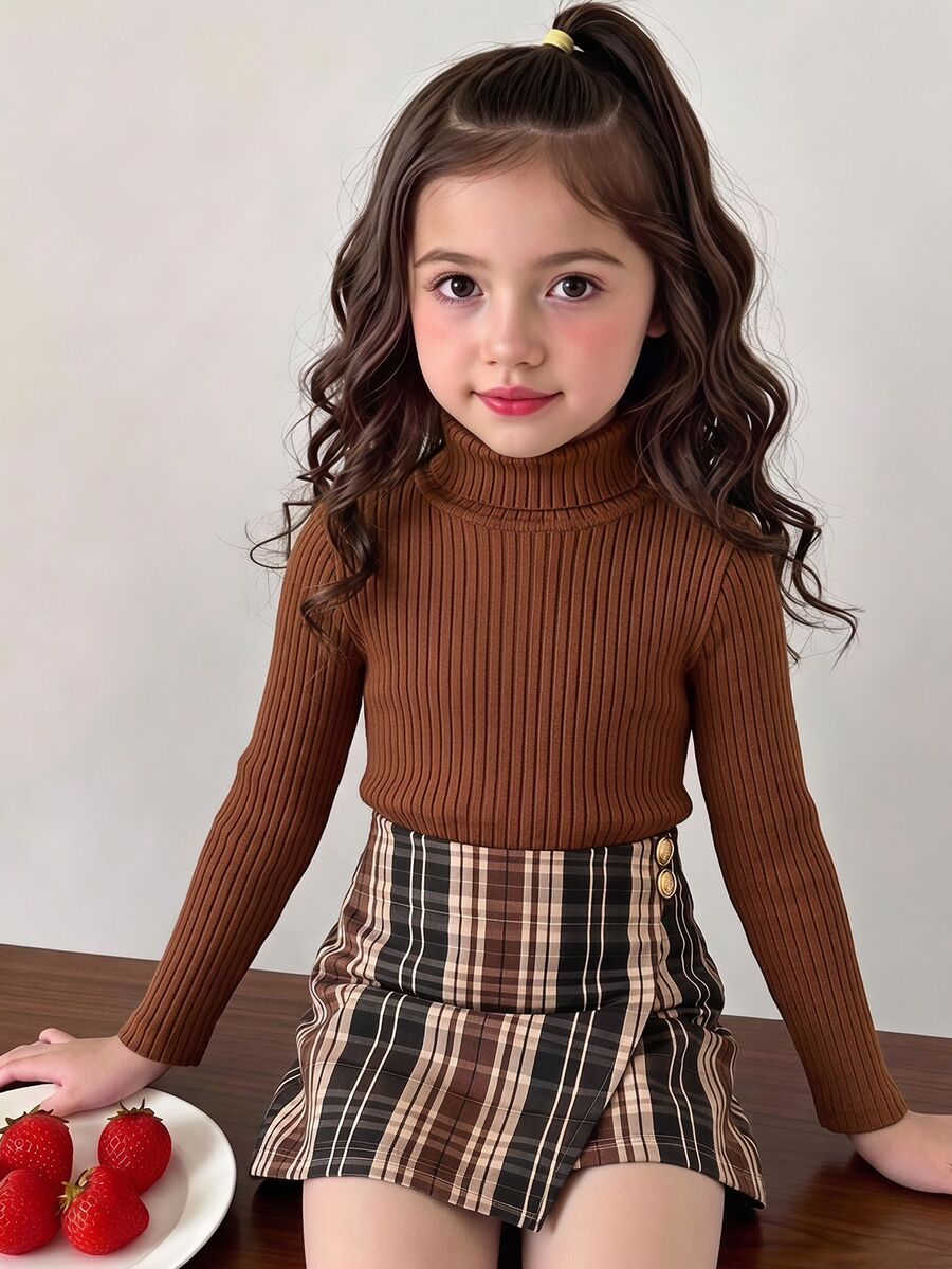 SHEIN 女童高領T恤與格紋裙套裝,2件組,秋季服飾,適合日常穿著與通勤 - 粉色 - 查看 1