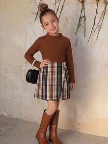 SHEIN 女童高領T恤與格紋裙套裝，2件組，秋季服飾，適合日常穿著與通勤 - 粉色 - 查看 8