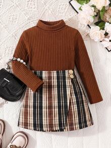 SHEIN 女童高領T恤與格紋裙套裝，2件組，秋季服飾，適合日常穿著與通勤 - 粉色 - 查看 2
