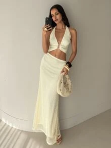 Aloruh Women's Backless Halter Dress Cream Summer Casual Tropical Sexy Elegant Holiday Vacation Beach Long Dress V-Neck Metallic U-Shaped Bra - Apricot - View 5