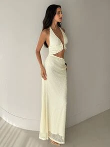 Aloruh Women's Backless Halter Dress Cream Summer Casual Tropical Sexy Elegant Holiday Vacation Beach Long Dress V-Neck Metallic U-Shaped Bra - Apricot - View 4