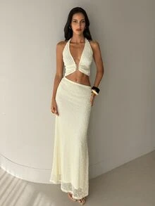 Aloruh Women's Backless Halter Dress Cream Summer Casual Tropical Sexy Elegant Holiday Vacation Beach Long Dress V-Neck Metallic U-Shaped Bra - Apricot - View 6