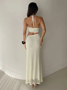 Aloruh Women's Backless Halter Dress Cream Summer Casual Tropical Sexy Elegant Holiday Vacation Beach Long Dress V-Neck Metallic U-Shaped Bra - Apricot - View 3