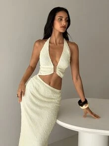 Aloruh Women's Backless Halter Dress Cream Summer Casual Tropical Sexy Elegant Holiday Vacation Beach Long Dress V-Neck Metallic U-Shaped Bra - Apricot - View 9