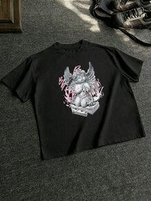 Resyla Men 男士美式街頭風天使雕像塗鴉短袖T恤，大理石紋祈禱天使雕像印花，獨特不撞款！塗鴉天使印花短袖，嘻哈街頭風首選，甜酷碰撞氛圍，適合街頭出遊、音樂節等場景 - 黑色 - 查看 4
