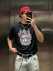 Resyla Men 男士美式街頭風天使雕像塗鴉短袖T恤，大理石紋祈禱天使雕像印花，獨特不撞款！塗鴉天使印花短袖，嘻哈街頭風首選，甜酷碰撞氛圍，適合街頭出遊、音樂節等場景 - 黑色 - 查看 3