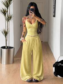 Coolane Fall Clothes For Women Minimalist Drawstring Waist Pocket Loose Wide Leg Long Pants For Vacation,Sage Green Straight Pants - Light Yellow - View 2