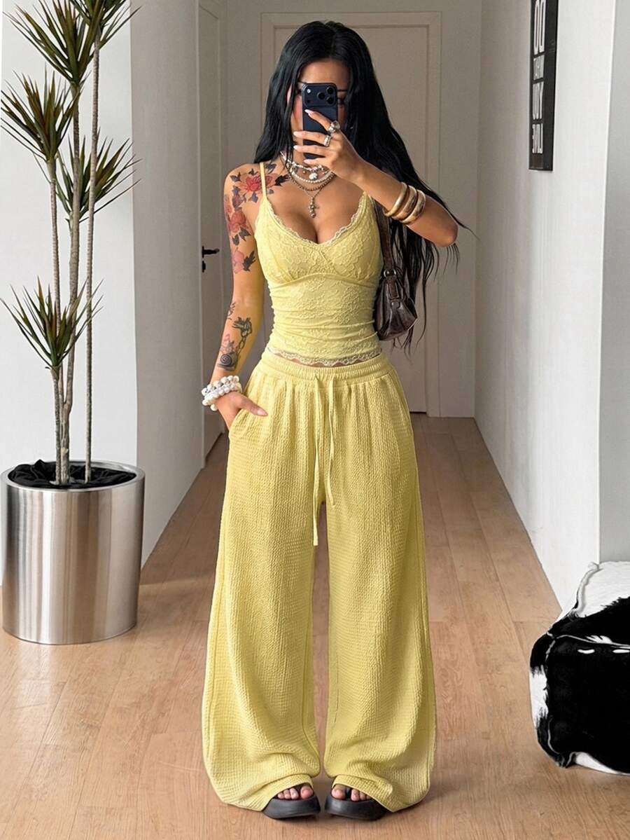 Coolane Pale Yellow Textured Cable-Knit Women's Summer Going Out Lounge Vacation Streetwear Casual Straight Pants Homewear Outfits - Light Yellow - View 1