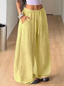 Coolane Fall Clothes For Women Minimalist Drawstring Waist Pocket Loose Wide Leg Long Pants For Vacation,Sage Green Straight Pants - Light Yellow - View 1