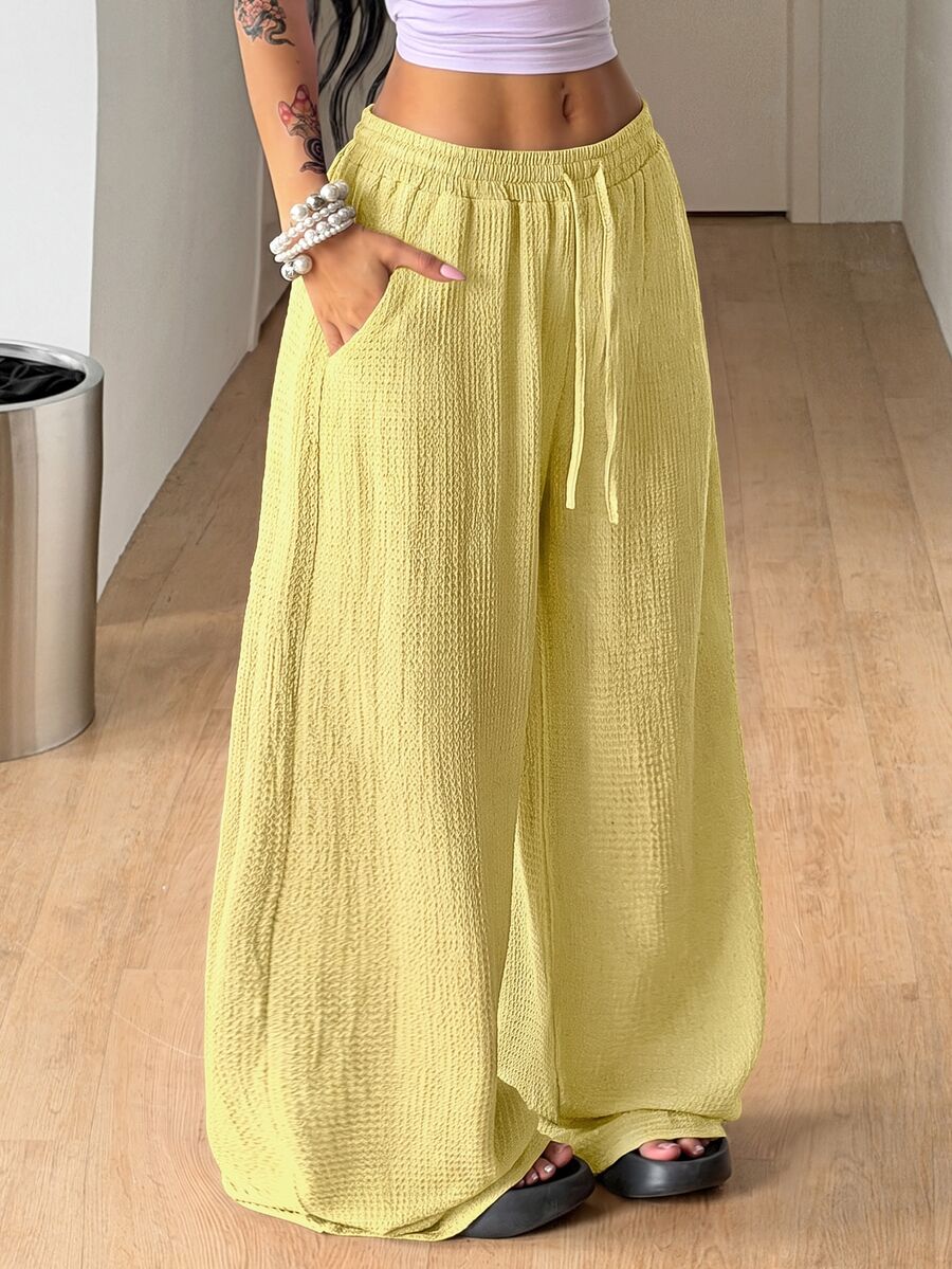 Coolane Fall Clothes For Women Minimalist Drawstring Waist Pocket Loose Wide Leg Long Pants For Vacation,Sage Green Straight Pants - Light Yellow - View 1