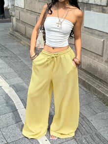 Coolane Fall Clothes For Women Minimalist Drawstring Waist Pocket Loose Wide Leg Long Pants For Vacation,Sage Green Straight Pants - Light Yellow - View 5