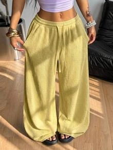 Coolane Fall Clothes For Women Minimalist Drawstring Waist Pocket Loose Wide Leg Long Pants For Vacation,Sage Green Straight Pants - Light Yellow - View 4