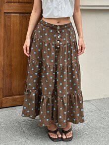 Rivivi Women's Button Front Polka Dot Tiered Denim Maxi Skirt - Brown - View 7