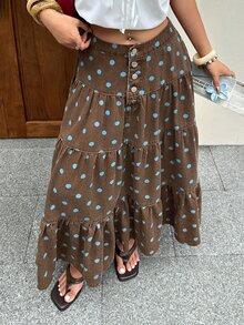 Rivivi Women's Button Front Polka Dot Tiered Denim Maxi Skirt - Brown - View 1