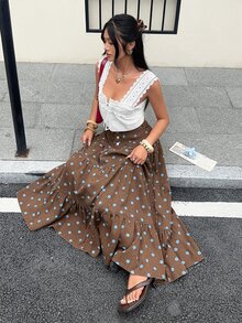 Rivivi Women's Button Front Polka Dot Tiered Denim Maxi Skirt - Brown - View 6