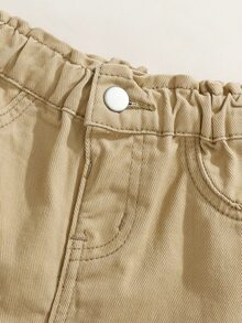 SHEIN 女嬰秋季休閒百搭可愛蝴蝶結刺繡口袋舒適寬鬆直筒卡其色牛仔褲，柔軟棉質面料，適合日常穿著、上學、度假、感恩節、聖誕節或開學季 - 卡其色 - 查看 6
