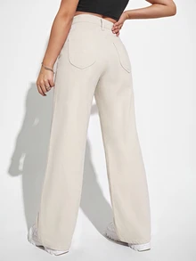 Jeanoix Petite Y2K Women's Fashion Button Pocket Straight Leg Denim Jeans - Apricot - View 2