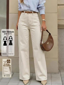 Jeanoix Petite Y2K Women's Fashion Button Pocket Straight Leg Denim Jeans - Apricot - View 6