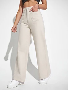 Jeanoix Petite Y2K Women's Fashion Button Pocket Straight Leg Denim Jeans - Apricot - View 4