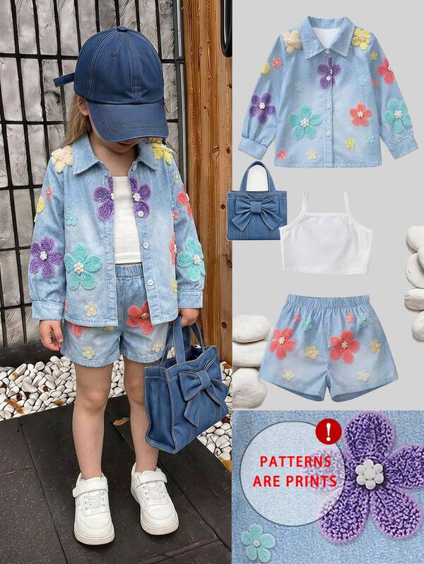 SHEIN Elladie kids Toddler Girl 3Pcs Outfit Set  Flower Denim Shirt Jacket Camisole And Shorts Casual Summer Clothing Denim Like, Autumn Clothes