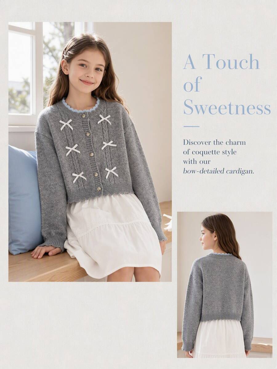 SHEIN Tween Girls' Contrast Color Round Neck Cardigan With Ruffled Hem, Multiple Bows, Cable Knit And Single-Breasted Buttons - Light Grey - View 1