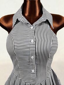 Mistrie 女款黑白條紋單排扣休閒海濱風掛脖迷你洋裝，度假夏季款 - 黑色 - 查看 7