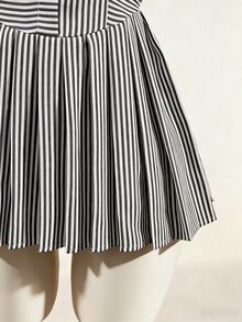 Mistrie 女款黑白條紋單排扣休閒海濱風掛脖迷你洋裝，度假夏季款 - 黑色 - 查看 4