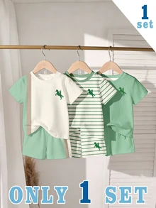 SHEIN 3套組，隨機附贈1套 萊姆綠拼色嬰幼兒休閒時尚經典騎士印花圓領短袖T恤與短褲套裝 - 彩色 - 查看 1