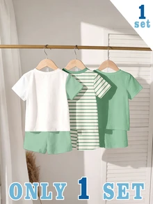 SHEIN 3套組，隨機附贈1套 萊姆綠拼色嬰幼兒休閒時尚經典騎士印花圓領短袖T恤與短褲套裝 - 彩色 - 查看 2