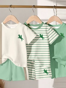 SHEIN 3套組，隨機附贈1套 萊姆綠拼色嬰幼兒休閒時尚經典騎士印花圓領短袖T恤與短褲套裝 - 彩色 - 查看 3