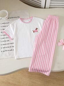 SHEIN 女童臘腸狗印花T恤與條紋長褲套裝 - 彩色 - 查看 5