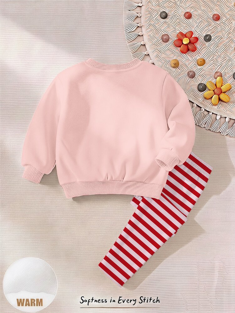 Baby Girl Casual Minimalist Cute Textured Strawberry Pattern, Red Stripes, Vintage Style, Loose Round Neck Sweatshirt Elastic Waist Long Pants Set Suitable For Autumn/Winter, Graphic, Cozy, Girls Outfit Sets, Y2K, Vintage, Kawaii - Multicolor - View 4