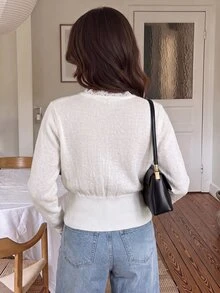 Serisse 女款素色對比蕾絲長袖單排扣針織開襟衫，秋冬優雅正式商務時尚返校返校舞會款 - 杏色 - 查看 2