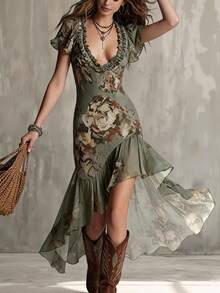 Glimmora Women's Summer Fashion Asymmetrical Hem Ruffle Trim Deep V-Neck Short Sleeve Dress - Green - View 4