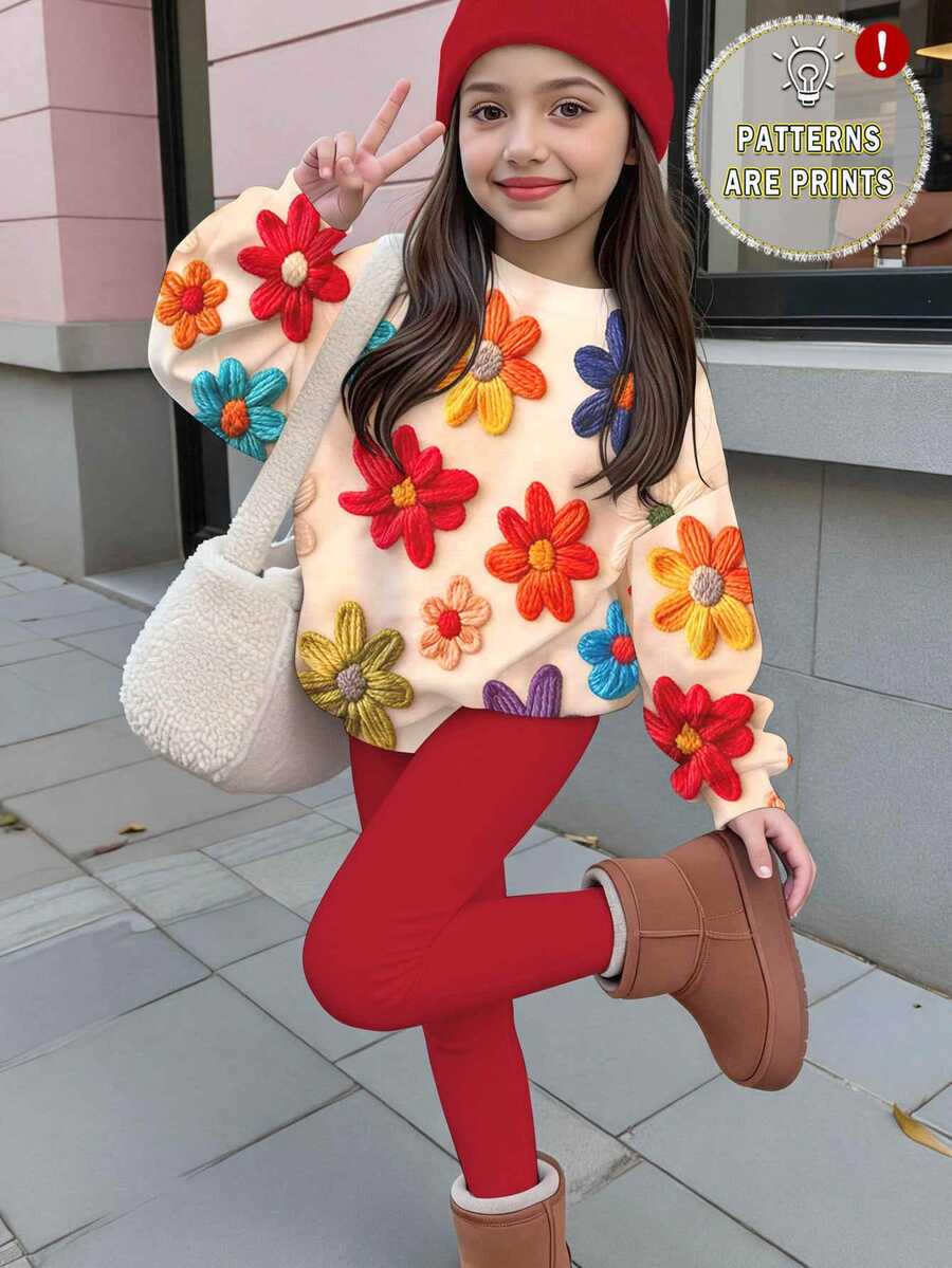 女童休閒可愛紋理碎花紅色復古風田園花卉圓領長袖衛衣+內搭褲兩件套,適合秋冬,圖案舒適,女童套裝,Y2K復古返校穿搭 - 彩色 - 查看 1