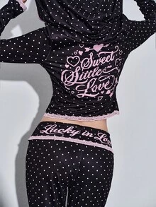 Sweetness طقم نسائي من قطعتين بنقشة نقاط بولكا باللونين الأسود والوردي، تصميم كتل لونية مع حافة دانتيل محبوكة - الأسود - مشاهدة 5
