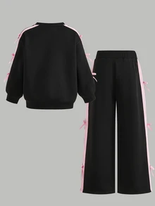 女童休閒愛心印花針織素色寬鬆落肩長袖衛衣與百褶寬腿運動褲套裝 - 彩色 - 查看 3
