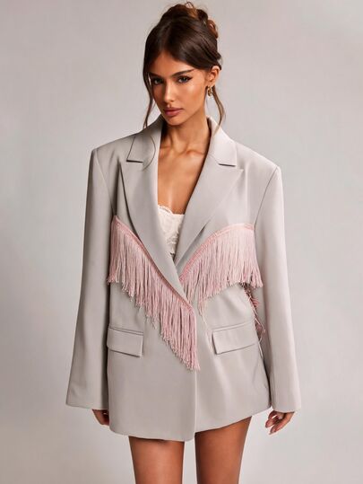 SHEIN BAE Light Pink Fringe Trim Oversized Blazer For Women Fall Elegant Long Sleeve Relaxed Fit Blazer Jacket For Office Wedding Guest Cocktail Party Brunch