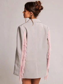 SHEIN BAE 女款淺粉色流蘇飾邊寬鬆西裝外套，秋季優雅長袖休閒版型西裝夾克，適合辦公室、婚禮賓客、雞尾酒會、早午餐 - 杏色 - 查看 2