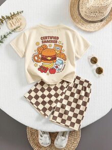 THE HAPPY LOOK Baby Boy Simple Cartoon Print Round Neck T-Shirt And Plaid Shorts Set, Suitable For Summer - Multicolor - View 2