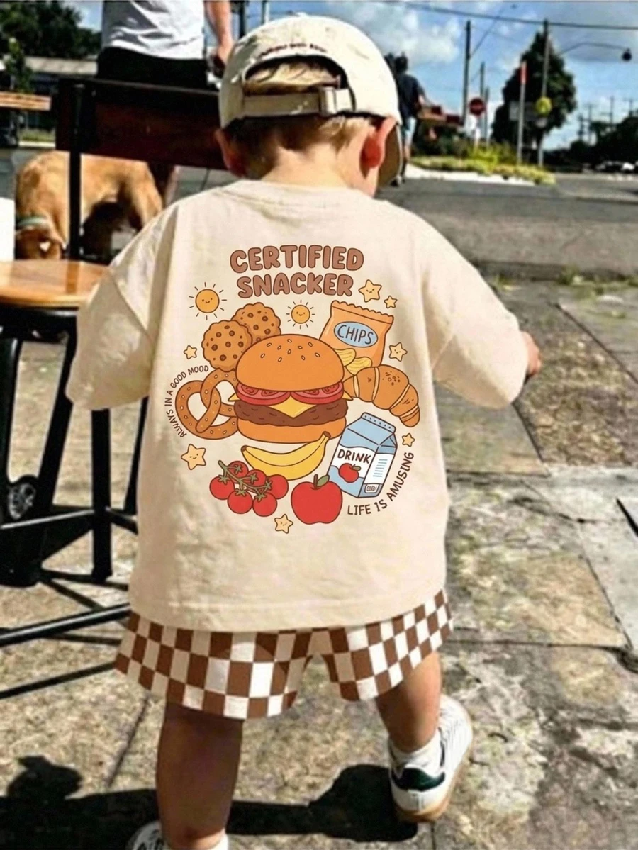 THE HAPPY LOOK Baby Boy Simple Cartoon Print Round Neck T-Shirt And Plaid Shorts Set, Suitable For Summer - Multicolor - View 1