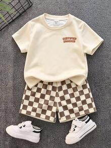 THE HAPPY LOOK Baby Boy Simple Cartoon Print Round Neck T-Shirt And Plaid Shorts Set, Suitable For Summer - Multicolor - View 3