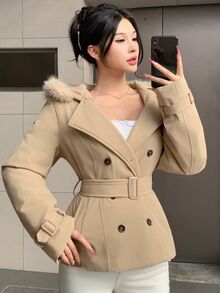 DAZY Women's Double-Breasted Hooded Jacket With Belt Fall - Khaki - View 4
