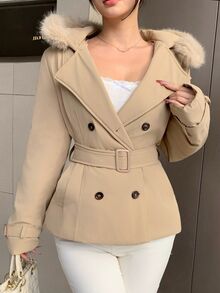DAZY Women's Double-Breasted Hooded Jacket With Belt Fall - Khaki - View 5
