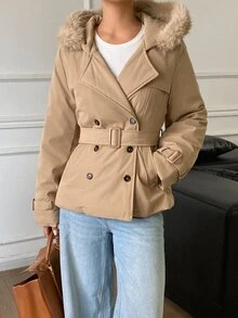 DAZY Women's Double-Breasted Hooded Jacket With Belt Fall - Khaki - View 7
