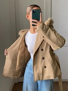 DAZY Women's Double-Breasted Hooded Jacket With Belt Fall - Khaki - View 9