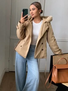 DAZY Women's Double-Breasted Hooded Jacket With Belt Fall - Khaki - View 11