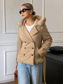DAZY Women's Double-Breasted Hooded Jacket With Belt Fall - Khaki - View 13